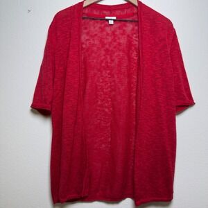 J. Jill Women Linen Cotton Cardigan Sweater Large P Red Short Sleeve Open Front